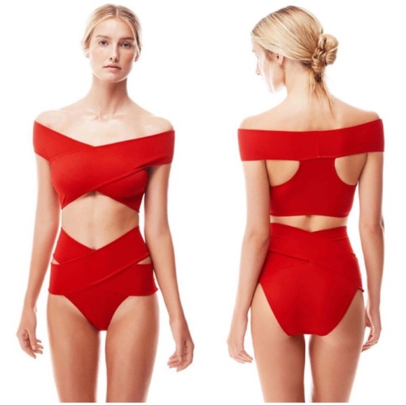Bandage Off Shoulder Red High Waist Criss Cross Bikini - Picture 2 of 4